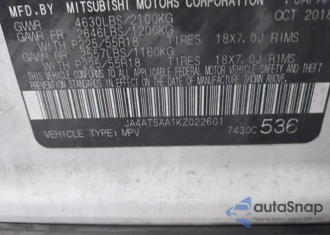 2019 Mitsubishi Eclipse Cross Se z USA, uszkodzony, nr VIN JA4AT5AA1KZ022601